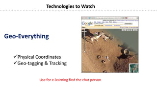 Technologies to Watch




Geo-Everything

  Physical Coordinates
  Geo-tagging & Tracking


             Use for e-learning find the chat person
 