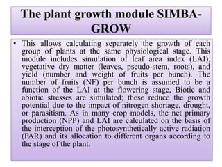 The plant growth module SIMBA-
GROW
• This allows calculating separately the growth of each
group of plants at the same physiological stage. This
module includes simulation of leaf area index (LAI),
vegetative dry matter (leaves, pseudo-stem, roots), and
yield (number and weight of fruits per bunch). The
number of fruits (NF) per bunch is assumed to be a
function of the LAI at the flowering stage, Biotic and
abiotic stresses are simulated; these reduce the growth
potential due to the impact of nitrogen shortage, drought,
or parasitism. As in many crop models, the net primary
production (NPP) and LAI are calculated on the basis of
the interception of the photosynthetically active radiation
(PAR) and its allocation to different organs according to
the stage of the plant.
 