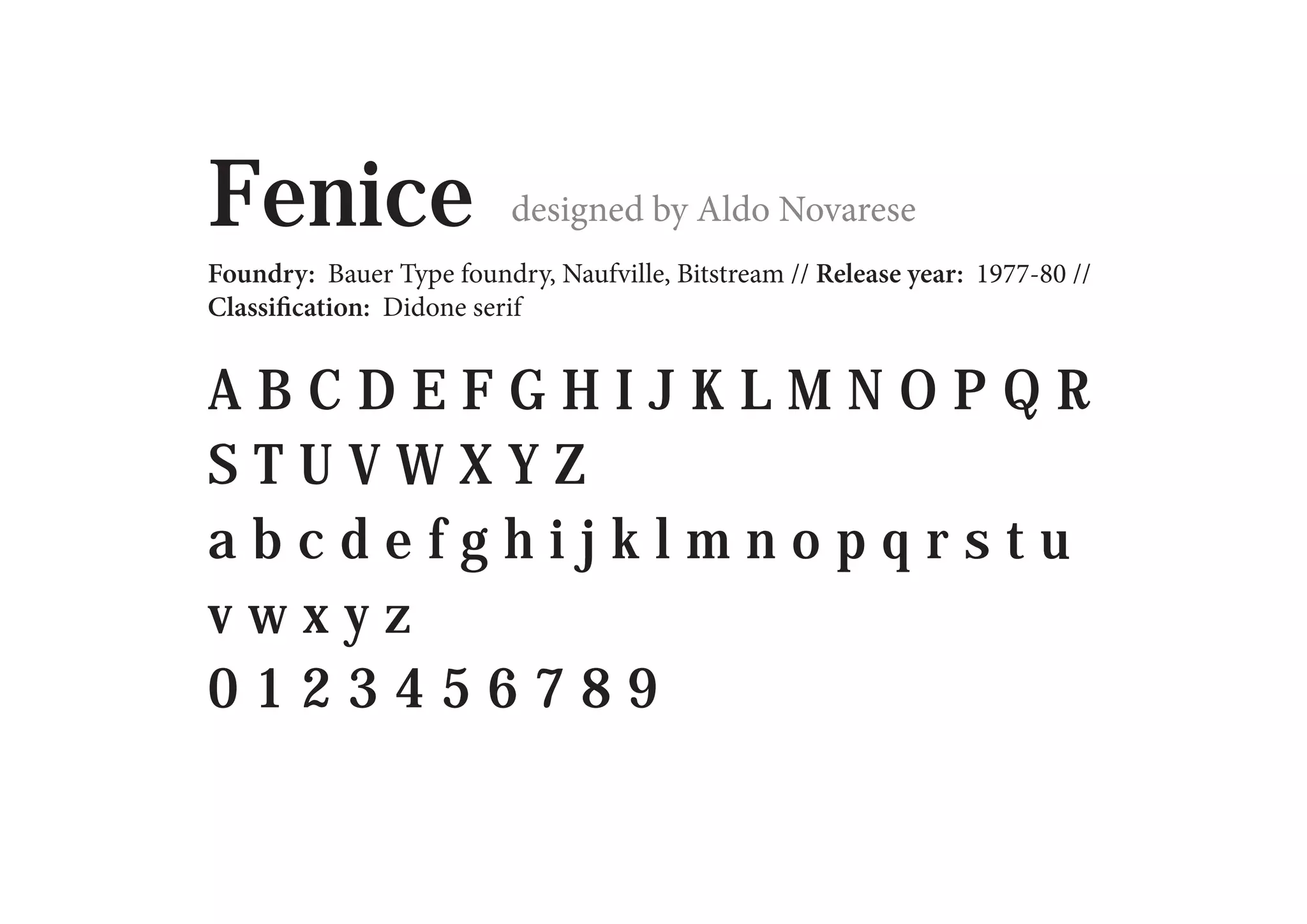 Fenice

designed by Aldo Novarese

Foundry: Bauer Type foundry, Naufville, Bitstream // Release year: 1977-80 //
Classification: Didone serif

ABCDEFGHIJKLMNOPQR
STUVWXYZ
abcdefghijklmnopqrstu
vwxyz
0123456789

 