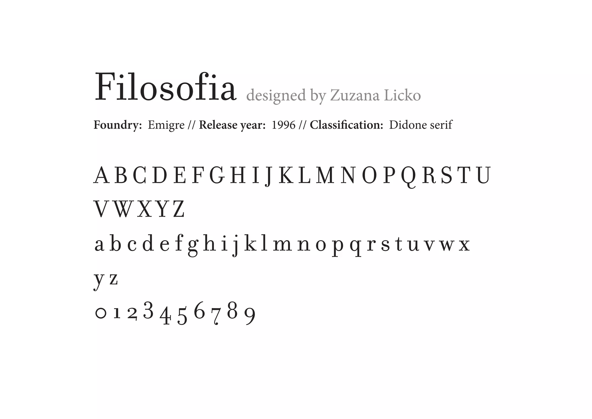 Filosofia

designed by Zuzana Licko

Foundry: Emigre // Release year: 1996 // Classification: Didone serif

ABCDEFGHIJKLMNOPQRSTU
VWXYZ
abcdefghijklmnopqrstuvwx
yz
0123456789

 