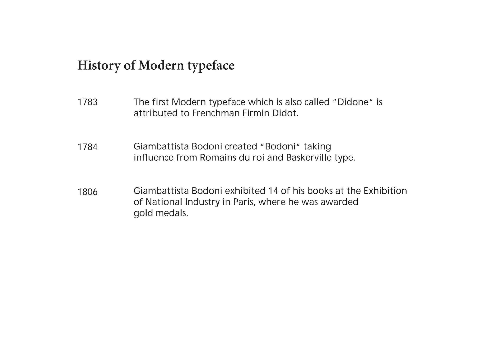 History of Modern typeface
1783

The first Modern typeface which is also called “Didone“ is
attributed to Frenchman Firmin Didot.

1784

Giambattista Bodoni created “Bodoni“ taking
influence from Romains du roi and Baskerville type.

1806

Giambattista Bodoni exhibited 14 of his books at the Exhibition
of National Industry in Paris, where he was awarded
gold medals.

 