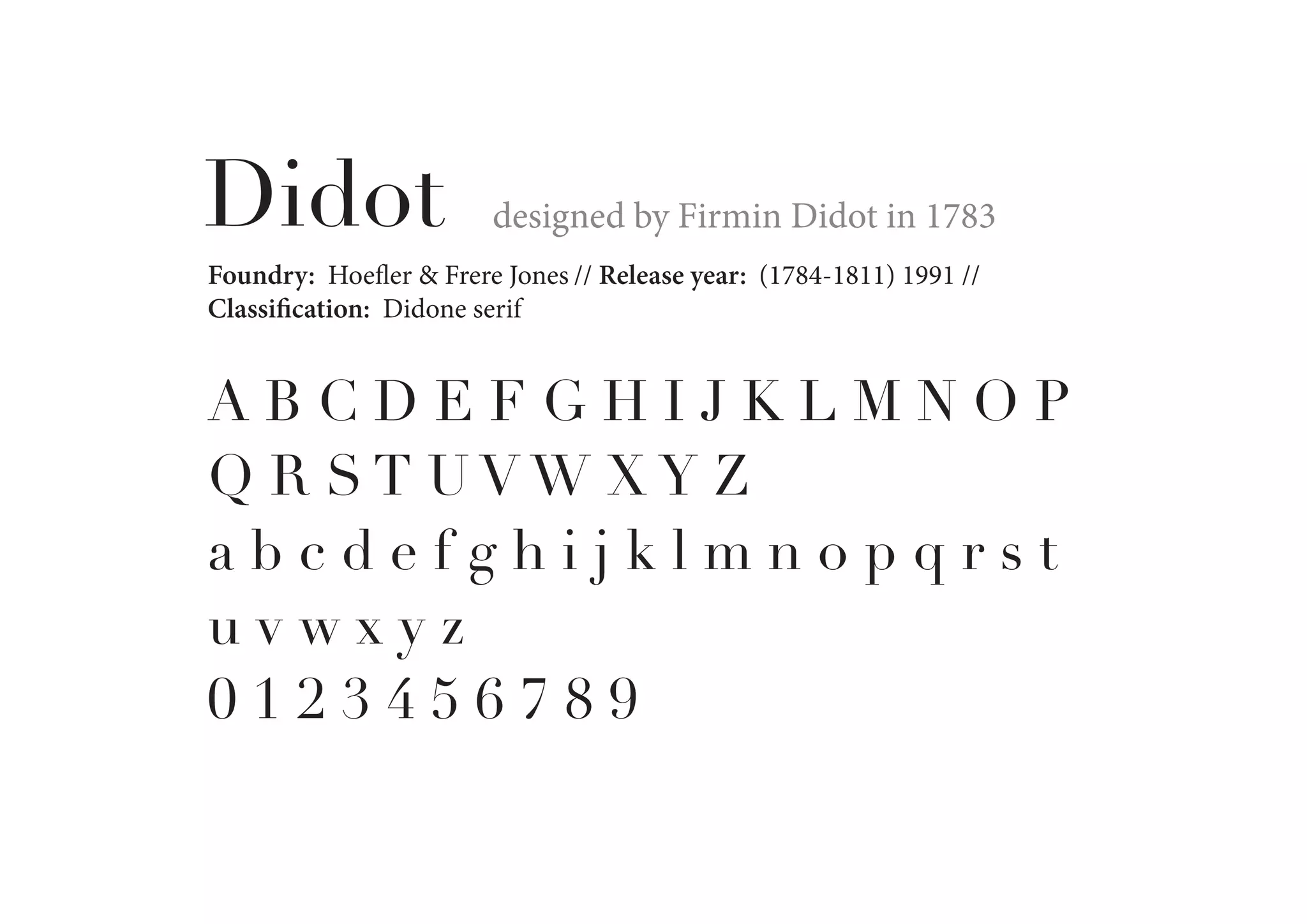 Didot

designed by Firmin Didot in 1783

Foundry: Hoefler & Frere Jones // Release year: (1784-1811) 1991 //
Classification: Didone serif

ABCDEFGHIJKLMNOP
Q R ST UVW XY Z
abcdefghijklmnopqrst
uvwxyz
0123456789

 