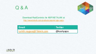 Email Twitter
Lohith.nagaraj@Telerik.com @kashyapa
Download RadControls for ASP.NET AJAX at
http://www.telerik.com/products/aspnet-ajax.aspx
Q & A
 
