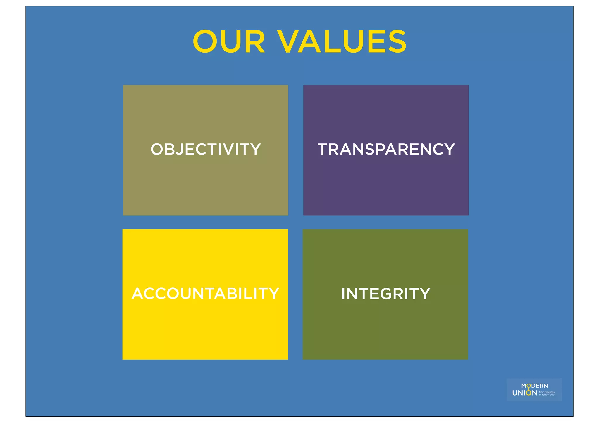 OUR VALUES


 OBJECTIVITY     TRANSPARENCY




ACCOUNTABILITY     INTEGRITY
 