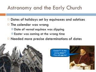 Astronomy and the Early Church Dates of holidays set by equinoxes and solstices The calendar was wrong Date of vernal equinox was slipping Easter was coming at the wrong time Needed more precise determinations of dates Easter?? At the wrong  time ?? This will  not  do! 