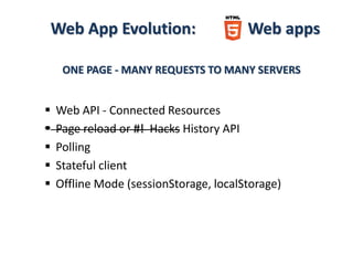 Web App Evolution: Web apps
ONE PAGE - MANY REQUESTS TO MANY SERVERS
 Web API - Connected Resources
 Page reload or #! Hacks History API
 Polling
 Stateful client
 Offline Mode (sessionStorage, localStorage)
 