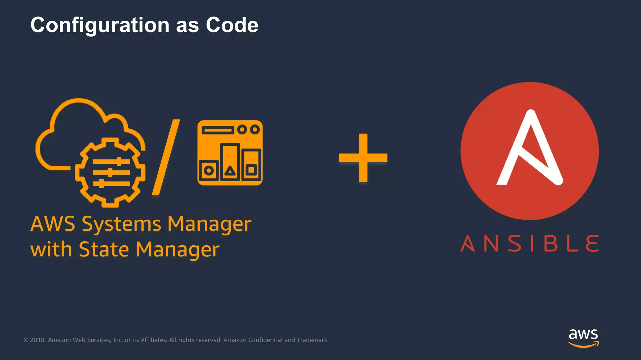 © 2018, Amazon Web Services, Inc. or its Affiliates. All rights reserved. Amazon Confidential and Trademark
Configuration as Code
AWS Systems Manager
with State Manager
/ +
 