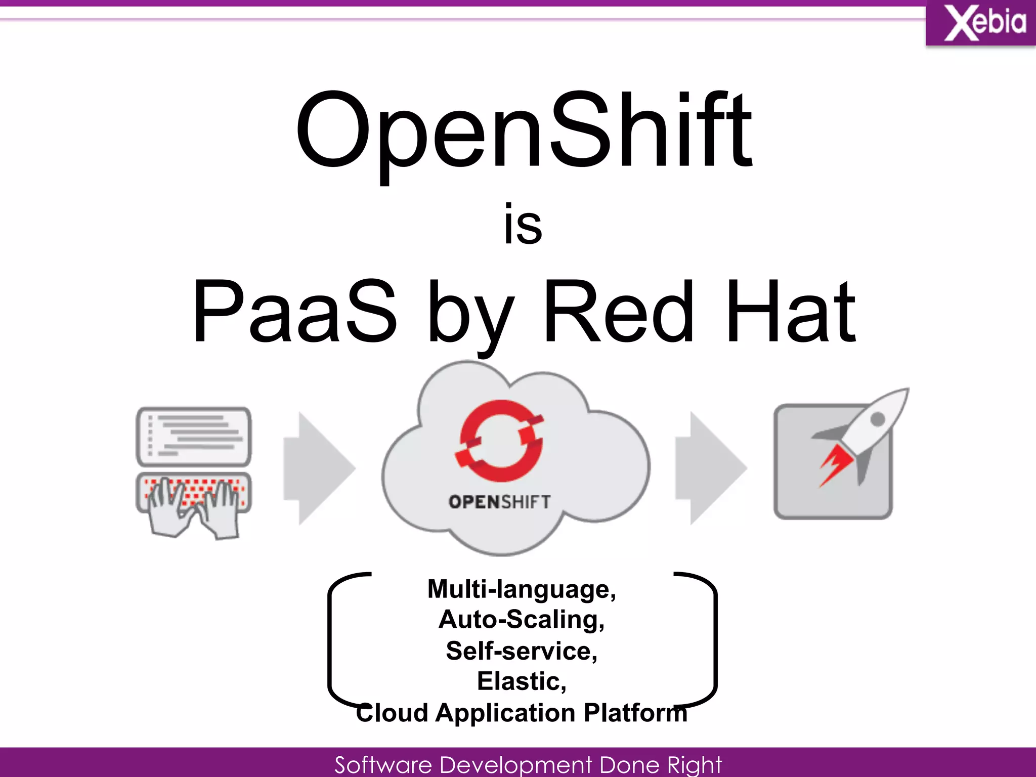 OpenShift 
is 
PaaS by Red Hat 
Multi-language, 
Auto-Scaling, 
Self-service, 
Elastic, 
Cloud Application Platform 
Software Development Done Right 
 