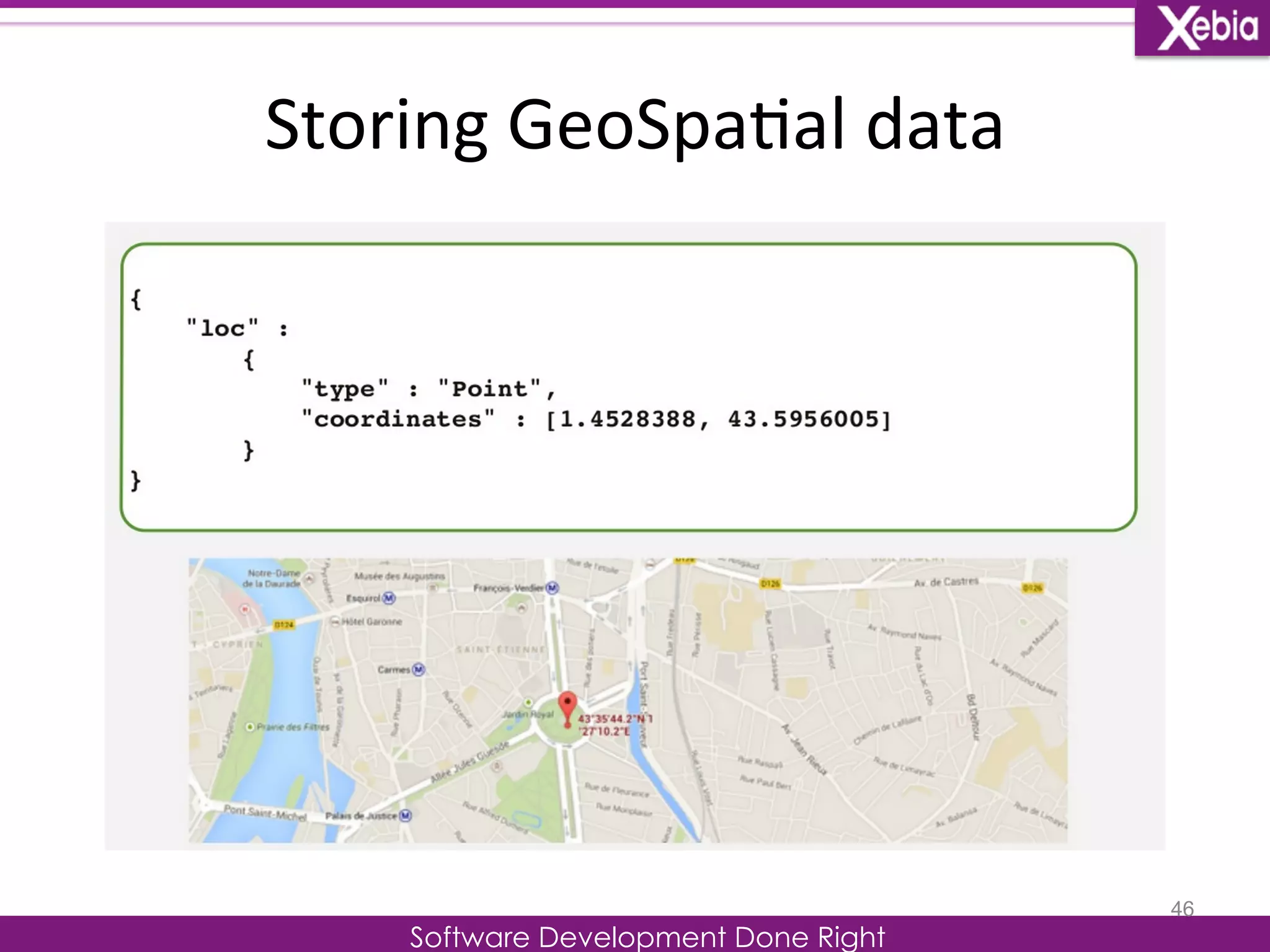 Storing 
GeoSpa0al 
data 
Software Development Done Right 
46 
 