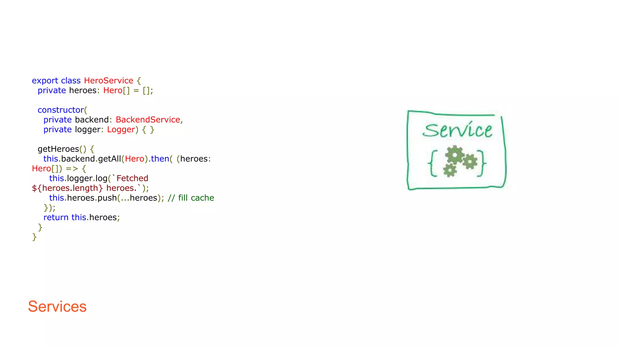 Services
export class HeroService {
private heroes: Hero[] = [];
constructor(
private backend: BackendService,
private logger: Logger) { }
getHeroes() {
this.backend.getAll(Hero).then( (heroes:
Hero[]) => {
this.logger.log(`Fetched
${heroes.length} heroes.`);
this.heroes.push(...heroes); // fill cache
});
return this.heroes;
}
}
 
