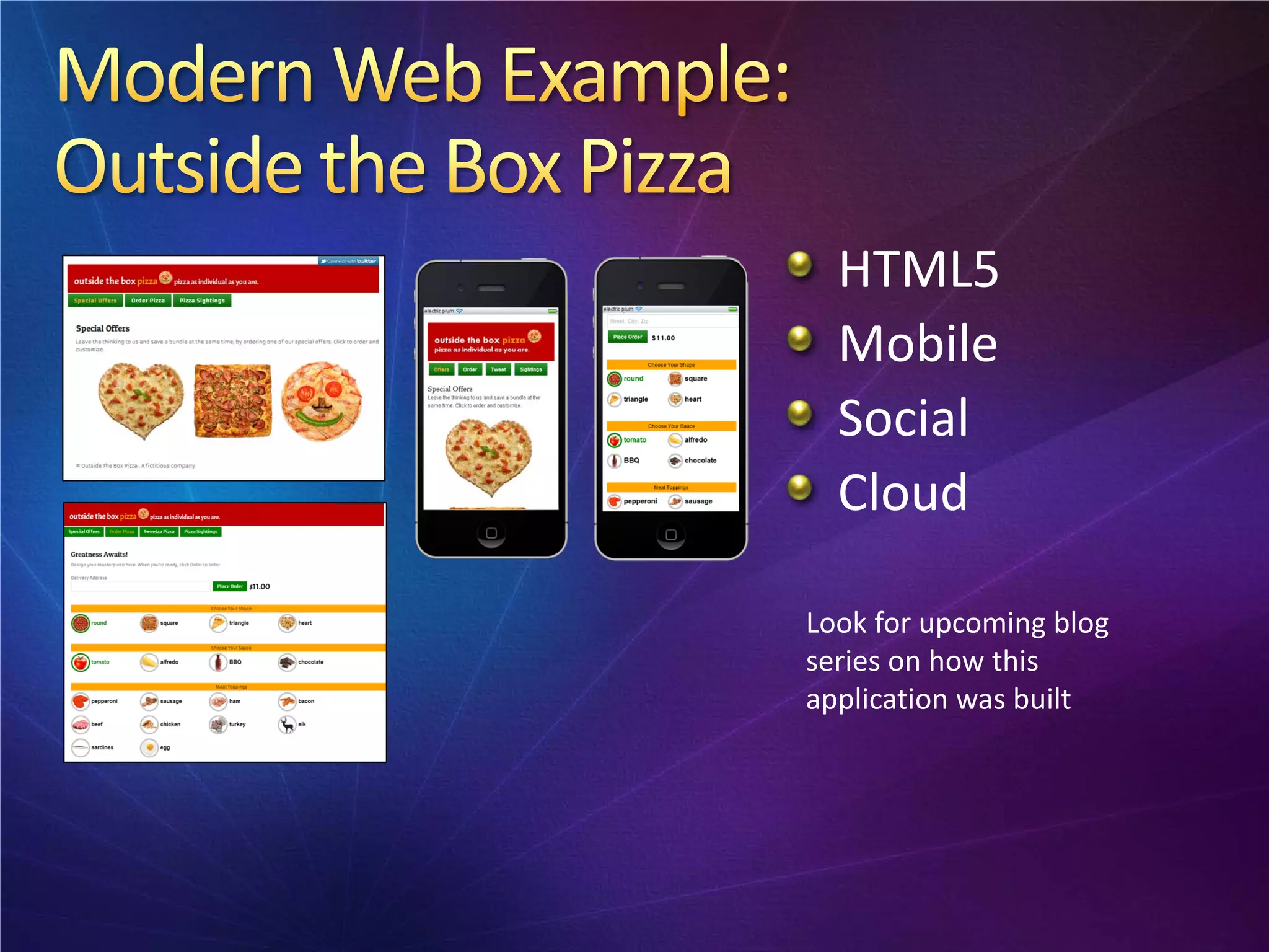 HTML5
  Mobile
  Social
  Cloud

Look for upcoming blog
series on how this
application was built
 