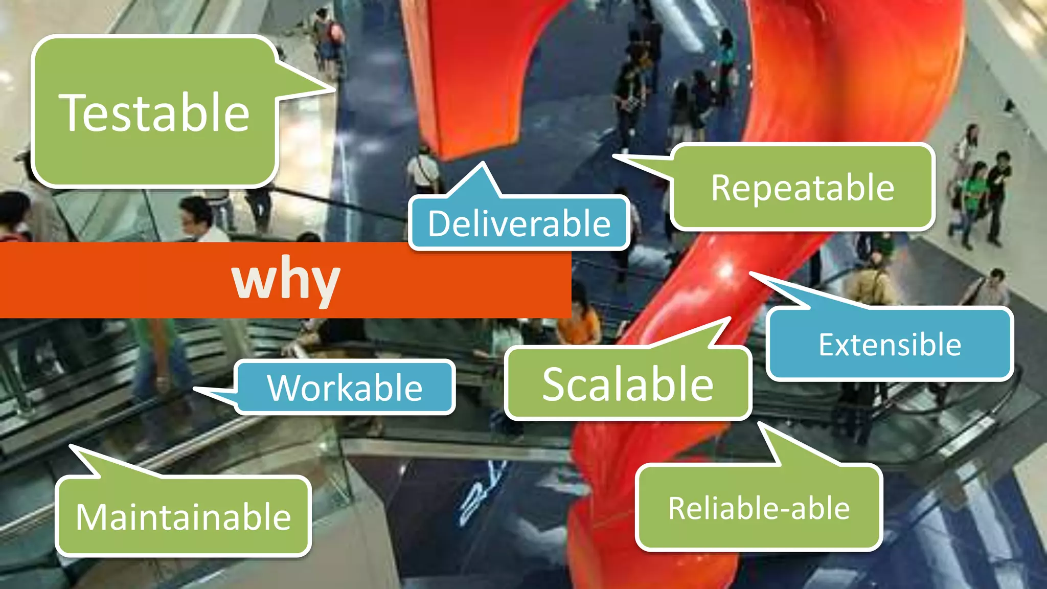 why
Testable
Repeatable
Maintainable Reliable-able
Scalable
Extensible
Deliverable
Workable
 