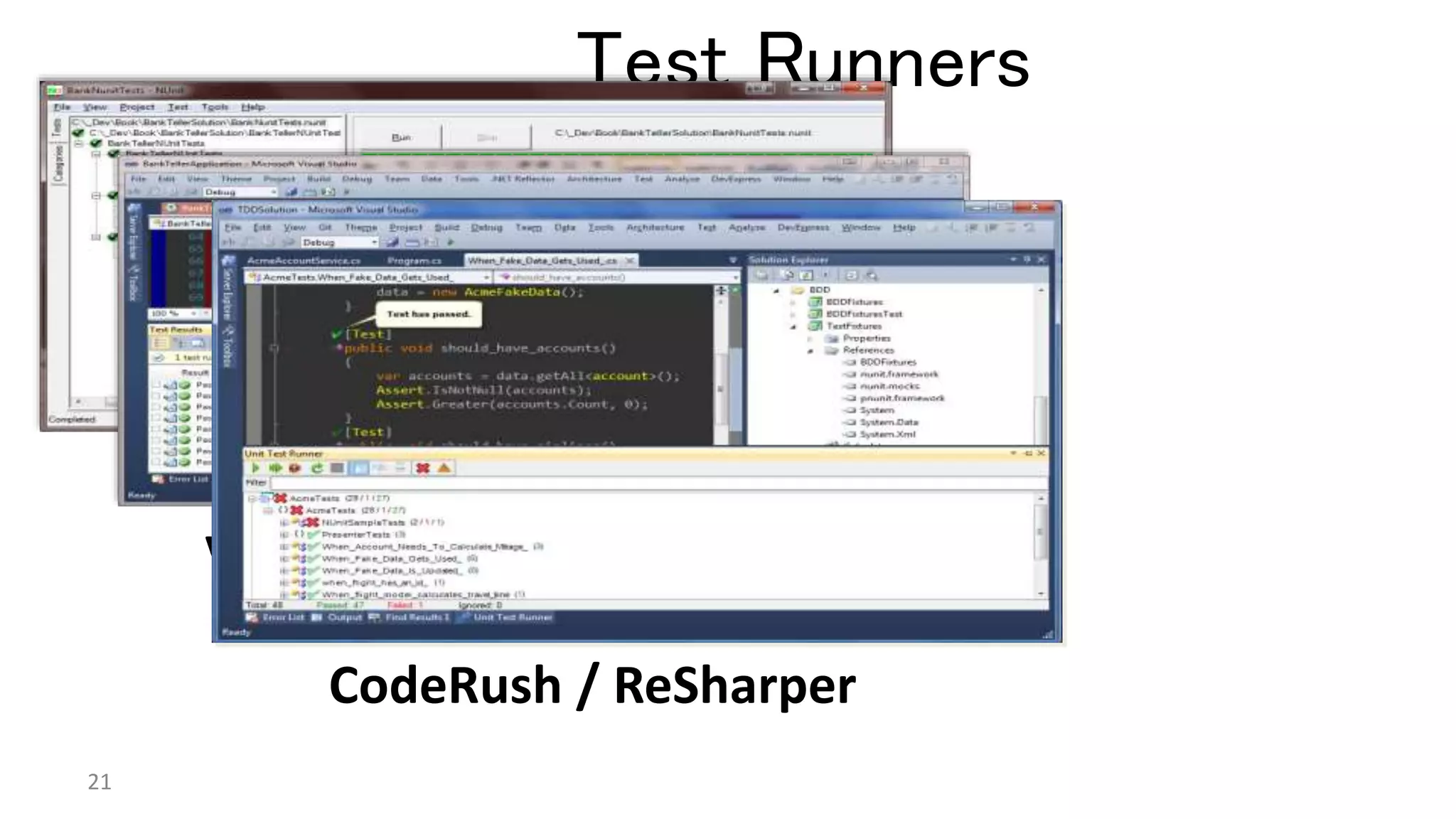 Test Runners
21
nUnit Test Runner
Visual Studio (VS Test)
CodeRush / ReSharper
 