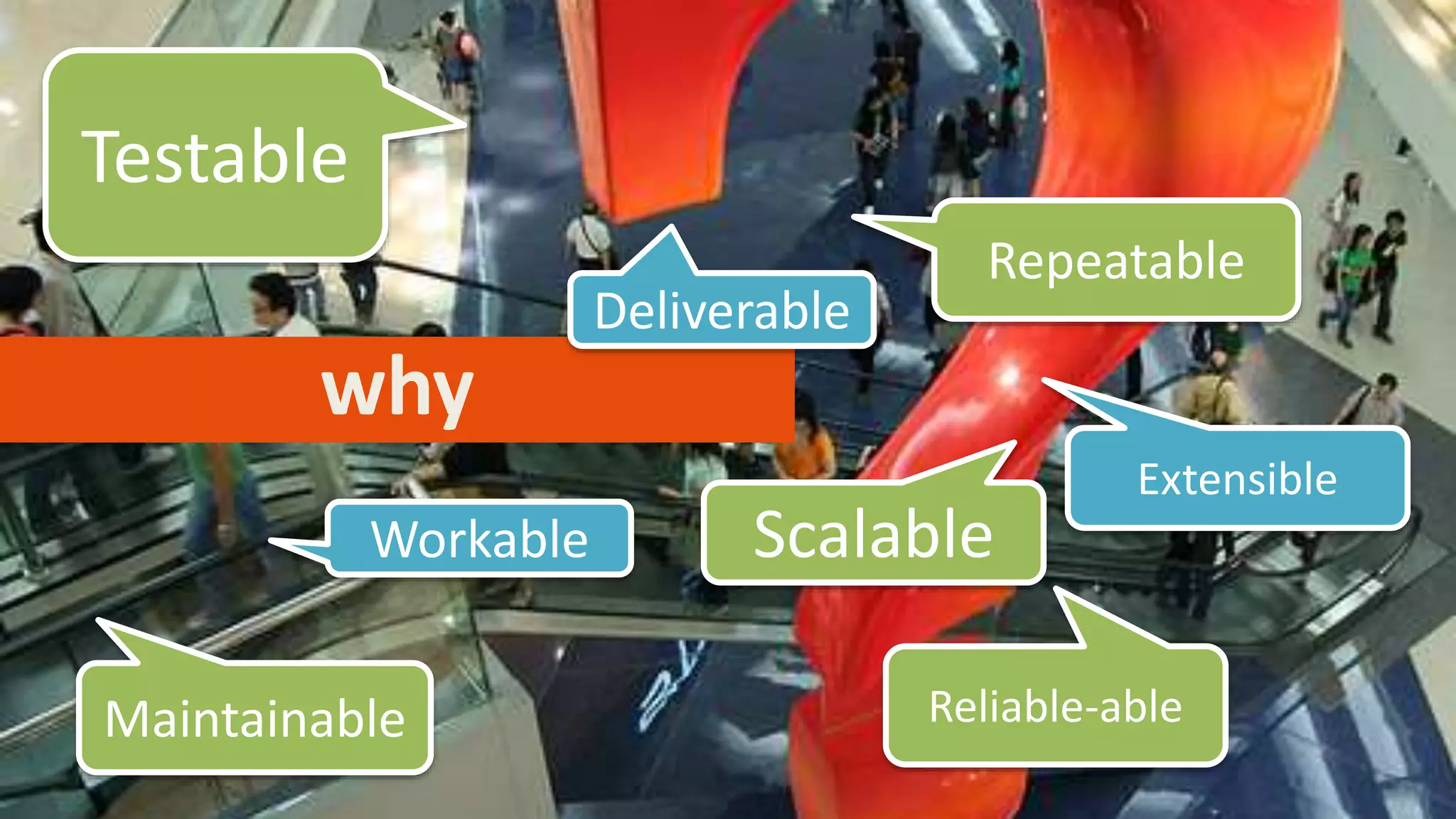 why
Testable
Repeatable
Maintainable Reliable-able
Scalable
Extensible
Deliverable
Workable
 