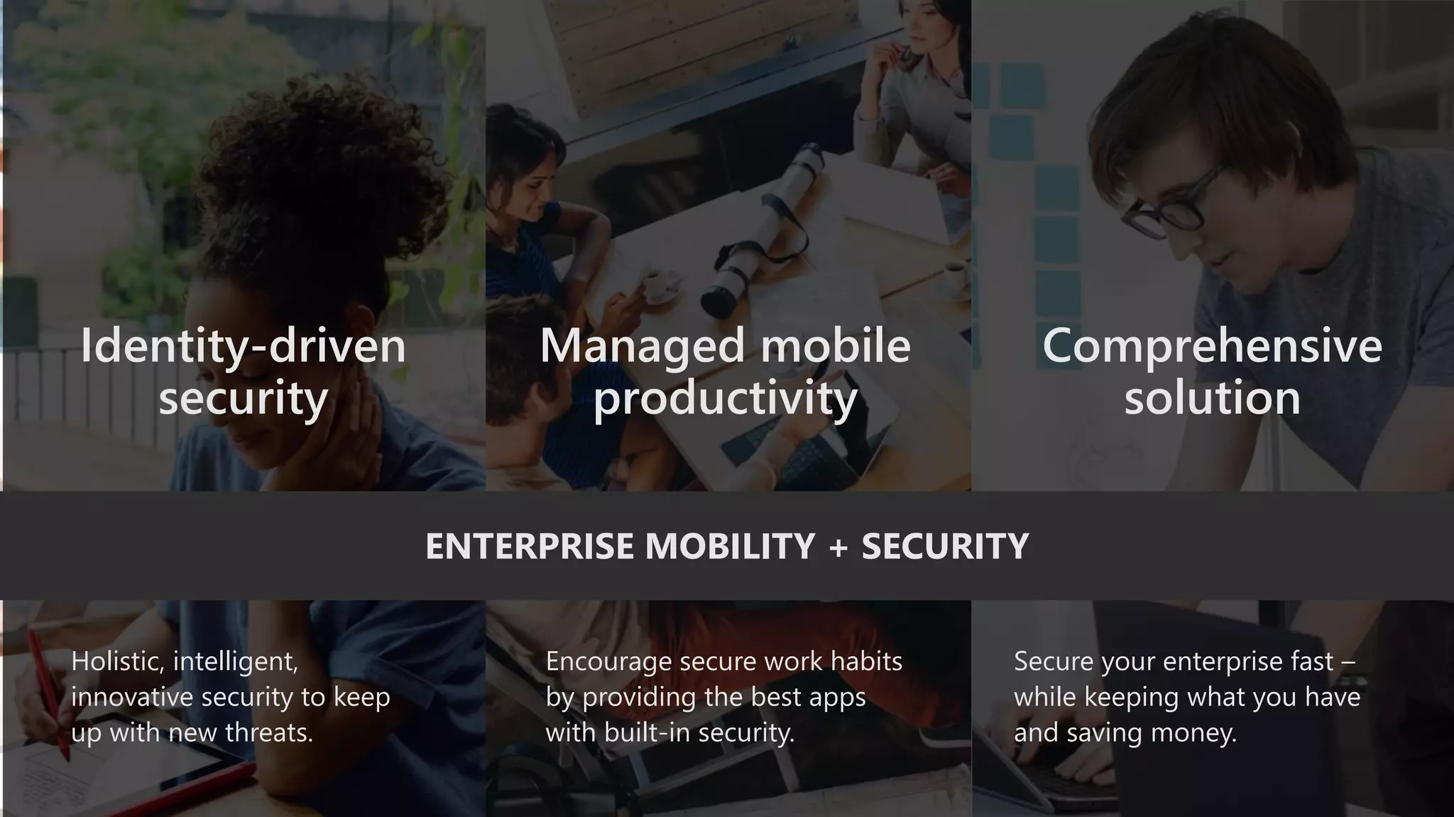 ENTERPRISE MOBILITY + SECURITY
Holistic, intelligent,
innovative security to keep
up with new threats.
Identity-driven
security
Secure your enterprise fast –
while keeping what you have
and saving money.
Comprehensive
solution
Encourage secure work habits
by providing the best apps
with built-in security.
Managed mobile
productivity
 