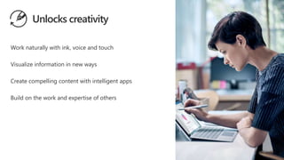 Unlocks creativity
Work naturally with ink, voice and touch
Visualize information in new ways
Create compelling content with intelligent apps
Build on the work and expertise of others
 