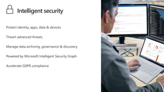Intelligent security
Protect identity, apps, data & devices
Thwart advanced threats
Manage data archiving, governance & discovery
Powered by Microsoft Intelligent Security Graph
Accelerate GDPR compliance
 