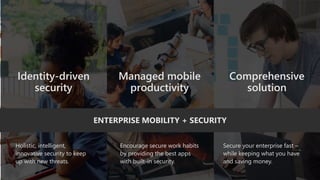 ENTERPRISE MOBILITY + SECURITY
Holistic, intelligent,
innovative security to keep
up with new threats.
Identity-driven
security
Secure your enterprise fast –
while keeping what you have
and saving money.
Comprehensive
solution
Encourage secure work habits
by providing the best apps
with built-in security.
Managed mobile
productivity
 
