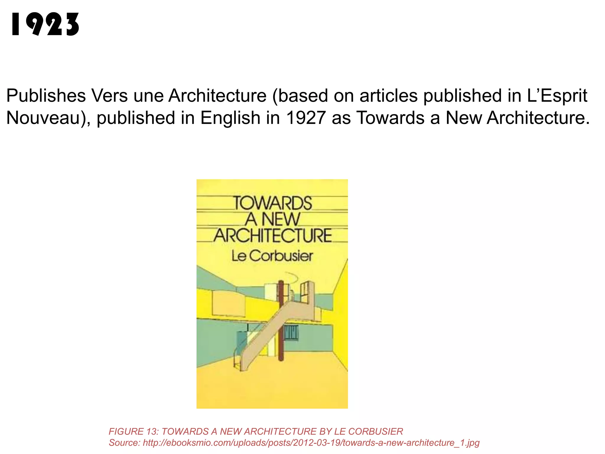 1923
Publishes Vers une Architecture (based on articles published in L’Esprit
Nouveau), published in English in 1927 as Towards a New Architecture.

FIGURE 13: TOWARDS A NEW ARCHITECTURE BY LE CORBUSIER
Source: http://ebooksmio.com/uploads/posts/2012-03-19/towards-a-new-architecture_1.jpg

 