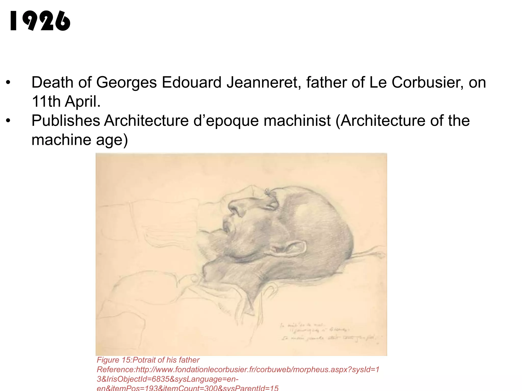 1926
•
•

Death of Georges Edouard Jeanneret, father of Le Corbusier, on
11th April.
Publishes Architecture d’epoque machinist (Architecture of the
machine age)

Figure 15:Potrait of his father
Reference:http://www.fondationlecorbusier.fr/corbuweb/morpheus.aspx?sysId=1
3&IrisObjectId=6835&sysLanguage=en-

 
