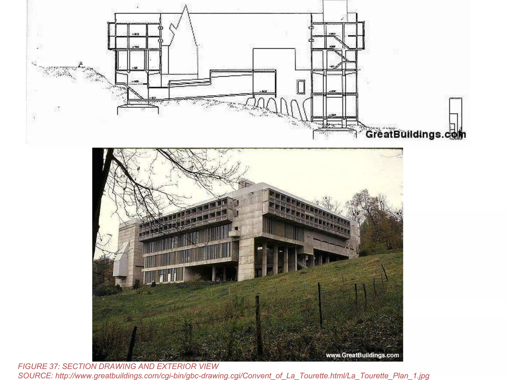FIGURE 37: SECTION DRAWING AND EXTERIOR VIEW
SOURCE: http://www.greatbuildings.com/cgi-bin/gbc-drawing.cgi/Convent_of_La_Tourette.html/La_Tourette_Plan_1.jpg

 