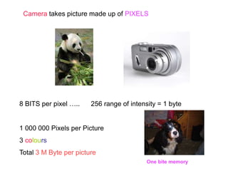 Camera takes picture made up of PIXELS
8 BITS per pixel ….. 256 range of intensity = 1 byte
1 000 000 Pixels per Picture
3 colours
Total 3 M Byte per picture
One bite memory
 