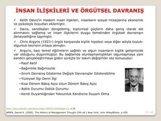 37 / 66
İNSAN İLİŞKİLERİ VE ÖRGÜTSEL DAVRANIŞ
http://okul.selyam.net/docs/index-46042.html?page=3, s.14
WREN, Daniel A. (2005). The History of Management Thought (5th ed.) New York; John Wiley&Sons. p.429
 Keith Davis’in modern insan ilişkileri, insanların sosyal mizaçlarına ekonomik
ve psikolojik boyutları eklemiştir.
 Davis, sendikaları dengelemiş, toplumsal güçlerin daha geniş olarak ele
alınmasını sağlamış ve insan ilişkilerini duygu temelinden örgütsel davranışın
deneyselliğine taşımıştır.
 Chris Argyris (1923-) örgüt karşısında kişilik hipotezi veya diğer adıyla toyluk-
olgunluk teorisini ortaya atmıştır.
 Argyris, bazı temel eğilimlerin sağlıklı ve olgun insanların kişilik gelişiminde
var olduğunu düşünmüştür. Bu bağlamda olunlaşmamışlıktan olgunlaşmaya yani
kendini gerçekleştirmeye giden süreçte bir takım değişimler söz konusudur:
−Pasif Aktif
−Bağımlılık Bağımsızlık
−Sınırlı Davranış Gösterme Değişik Davranışlar Gösterebilme
−Yüzeysel İlgi Derin İlgi
−Kısa Dönem Bakış Açısı Uzun Dönem Bakış Açısı
−Astlık Durumu Üstlük Durumu
−Kendi Duyarlılığından Yoksunluk Kendisine Duyarlı Olma
 