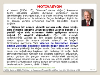 48 / 66
MOTİVASYON
http://www.e-motivasyon.net/Beklenti-Kurami-Expectancy-Theory.html
WREN, Daniel A. (2005). The History of Management Thought (5th ed.) New York; John Wiley&Sons. p.439
 Vroom (1964: 15), “Valence” (amaç değeri) kavramını
belirli sonuçlara yönelik duygusal yönelimler olarak
tanımlamıştır. Buna göre kişi, x ve y gibi iki sonuç için herhangi
birini bir diğerine tercih edecektir. Seçimi belirleyen kişinin bu
iki sonuca yönelik arzusunun kuvveti arasındaki ilişkiye
bağlıdır.
 Kişinin bir amaca yönelik sonucu elde etme isteği,
elde etmeme isteğine üstün geliyorsa valence değeri (+)
pozitif, eğer elde etmemesi üstün geliyorsa valence
değeri (-) negatif değerdedir. Eğer elde etmeyle
ilgilenmiyorsa valence (o) sıfır değere sahiptir. Bu noktada
Vroom ayrıca bir amaca yönelik valence’ı ve “değer”i
birbirinden ayırmıştır. Yani valence ile kastedilen kişinin
amaca yüklediği değeridir, gerçek değeri değildir. Bireyin
her amaca yüklediği bir değer vardır. Onu elde etmek sadece
onun için değerliyken başkaları için herhangi bir değer ifade
etmeyebilmektedir. Örneğin kişi gruplara katılmayı arzularken,
amacı grubun bir parçası olmanın toplumdaki statüsünü
arttıracağına inanmasıdır ve de ayrıca işini etkili şekilde yerine
getirmeyi arzulayabilir, çünkü bunun bir terfiye neden olacağını
beklemektedir (Vroom, 1964: 15-16).
 