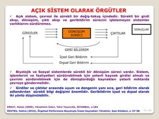 59 / 66
AÇIK SİSTEM OLARAK ÖRGÜTLER
ERKUT, Haluk (2009), Yönetimin İzleri, Yalın Yayıncılık, İSTANBUL, s.184
ÖZUTKU, Hatice (2010), Örgütsel Performans Boyutuyla İnsan Kaynakları Yönetimi, Gazi Kitabevi, s. 57-58
 Açık sistem, çevresi ile sürekli bir değiş-tokuş içindedir. Sürekli bir girdi
akışı, dönüşüm, çıktı akışı ve geribildirim sürecini işletemeyen sistemler
varlıklarını sürdüremez.
 Biyolojik ve Sosyal sistemlerde sürekli bir dönüşüm süreci vardır. Sistem,
işlemlerini ve faaliyetleri sürdürebilmek için yeterli kaynak girdisi almalı ve
çevrimi sürdürebilmek için de dönüştürdüğü kaynakları yeterli miktarda
çevreye göndermelidir.
 Girdiler ve çıktılar arasında uyum ve dengenin yanı sıra, geri bildirim olarak
adlandırılan sürekli bilgi değişimi önemlidir. Geribildirim içsel ve dışsal olarak
iki yönlü düşünülebilir.
GİRDİLER DÖNÜŞÜM
SÜRECİ
ÇIKTILAR
GERİ BİLDİRİM
SONUÇLAR
İçsel Geri Bildirim
Dışsal Geri Bildirim
 