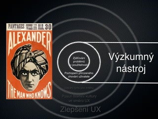 Zjišťování
        problémů
                          Výzkumný
     v použitelnosti

 Pochopení přirozeného
                           nástroj
   chování uživatele



 Získání týmu pro změnu


Posun ﬁremní kultury
   ve směru UX

Zlepšení UX
 