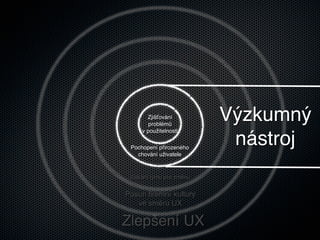 Zjišťování
        problémů
                          Výzkumný
     v použitelnosti

 Pochopení přirozeného
                           nástroj
   chování uživatele



 Získání týmu pro změnu


Posun ﬁremní kultury
   ve směru UX

Zlepšení UX
 