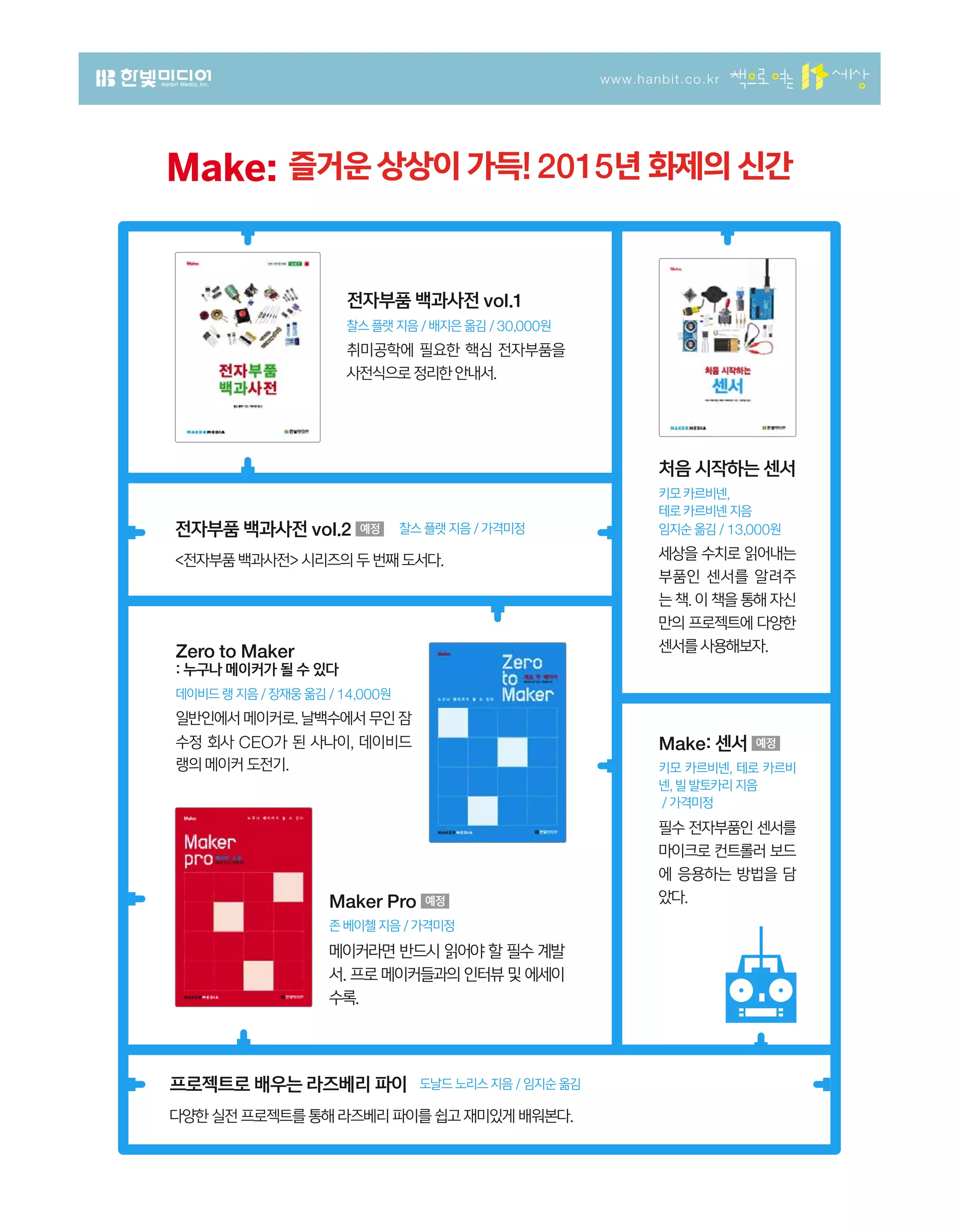 www.hanbit.co.kr
전자부품 백과사전 vol.1
찰스 플랫 지음 / 배지은 옮김 / 30,000원
취미공학에 필요한 핵심 전자부품을
사전식으로 정리한 안내서.
Zero to Maker
: 누구나 메이커가 될 수 있다
데이비드 랭 지음 / 장재웅 옮김 / 14,000원
일반인에서 메이커로. 날백수에서 무인 잠
수정 회사 CEO가 된 사나이, 데이비드
랭의 메이커 도전기.
처음 시작하는 센서
키모 카르비넨,
테로 카르비넨 지음
임지순 옮김 / 13,000원
세상을 수치로 읽어내는
부품인 센서를 알려주
는 책. 이 책을 통해 자신
만의 프로젝트에 다양한
센서를 사용해보자.
프로젝트로 배우는 라즈베리 파이 도날드 노리스 지음 / 임지순 옮김
다양한 실전 프로젝트를 통해 라즈베리 파이를 쉽고 재미있게 배워본다.
Maker Pro
존 베이첼 지음 / 가격미정
메이커라면 반드시 읽어야 할 필수 계발
서. 프로 메이커들과의 인터뷰 및 에세이
수록.
Make: 센서
키모 카르비넨, 테로 카르비
넨, 빌 발토카리 지음
/ 가격미정
필수 전자부품인 센서를
마이크로 컨트롤러 보드
에 응용하는 방법을 담
았다.
전자부품 백과사전 vol.2 찰스 플랫 지음 / 가격미정
전자부품 백과사전 시리즈의 두 번째 도서다.
즐거운 상상이 가득! 2015년 화제의 신간
전자부품 백과사전 vol.1
찰스 플랫 지음 / 배지은 옮김 / 30,000원
취미공학에 필요한 핵심 전자부품을
사전식으로 정리한 안내서.
Zero to Maker
: 누구나 메이커가 될 수 있다
데이비드 랭 지음 / 장재웅 옮김 / 14,000원
일반인에서 메이커로. 날백수에서 무인 잠
수정 회사 CEO가 된 사나이, 데이비드
랭의 메이커 도전기.
처음 시작하는 센서
키모 카르비넨,
테로 카르비넨 지음
임지순 옮김 / 13,000원
세상을 수치로 읽어내는
부품인 센서를 알려주
는 책. 이 책을 통해 자신
만의 프로젝트에 다양한
센서를 사용해보자.
Maker Pro
존 베이첼 지음 / 가격미정
메이커라면 반드시 읽어야 할 필수 계발
Make: 센서
키모 카르비넨, 테로 카르비
넨, 빌 발토카리 지음
/ 가격미정
필수 전자부품인 센서를
마이크로 컨트롤러 보드
에 응용하는 방법을 담
았다.
전자부품 백과사전 vol.2 찰스 플랫 지음 / 가격미정
전자부품 백과사전 시리즈의 두 번째 도서다.
즐거운 상상이 가득! 2015년 화제의 신간
 