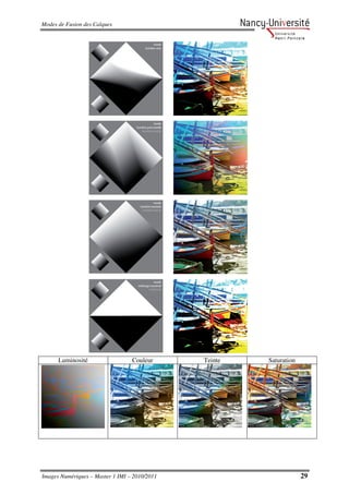 Modes de Fusion des Calques




      Luminosité                  Couleur      Teinte   Saturation




Images Numériques – Master 1 IMI – 2010/2011                         29
 