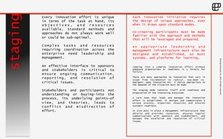 ©Living 
Enterprise, 
Inc. 
2014. 
All 
rights 
reserved 
staging 
Each innovation initiative requires 
the design of unique approaches, even 
when it draws upon standard modes. 
Co-creating participants must be made 
familiar with the approach and methods 
that will be leveraged and prepared. 
An appropriate leadership and 
management infrastructure must also be 
designed and established, as must 
systems, and platforms for learning. 
Jumping into a complex innovation effort without 
adequate preparations or readiness is a formula for 
failure. 
There are many approaches to innovation that vary in 
scope from incremental to radical, top-down vs. 
emergent, open innovation etc. A choice appropriate to 
the demands of the situation must be made. 
The staging mode concerns itself with readiness and 
preparation of the innovating ecosystem. 
A core team that leads and manages the innovation 
effort is established. It designs and communicates a 
unique process, organizes resources and ensures 
systemic readiness. 
It also puts in place a management infrastructure that 
obtains and provides resources, ensures regular 
communications with sponsors and stakeholders, and 
manages the escalation and resolution of critical 
issues. 
Every innovation effort is unique 
in terms of the task at hand, its 
o b j e c t i v e s , a n d r e s o u r c e s 
available. Standard methods and 
approaches do not always work well 
or could be sub-optimal. 
Complex tasks and resources 
requiring coordination across the 
enterprise need leadership and 
management. 
An effective interface to sponsors 
and stakeholders is critical to 
ensure ongoing communication, 
reporting, and resolution of 
critical issues. 
Stakeholders and participants not 
understanding or buying-into the 
process, its underlying points-of 
view, and theories, leads to 
conflict and misdirection of 
effort. 
 