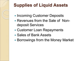 Supplies of Liquid Assets
 Incoming Customer Deposits
 Revenues from the Sale of Non-
deposit Services
 Customer Loan Repayments
 Sales of Bank Assets
 Borrowings from the Money Market
 