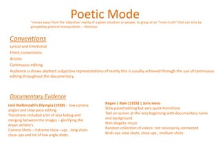 Poetic Mode
Conventions
Lyrical and Emotional
Filmic conventions
Artistic
Continuous editing
Audience is shows abstract subjective representations of reality this is usually achieved through the use of continuous
editing throughout the documentary.
Documentary Evidence
“moves away from the ‘objective’ reality of a given situation or people, to grasp at an “inner truth” that can only be
grasped by poetical manipulation. – Nicholas
Regen | Rain (1929) | Joris Ivens
Slow paced editing but very quick transitions
Text on screen at the very beginning with documentary name
and background
Non-diegetic music
Random collection of videos not necessarily connected
Birds eye view shots, close ups , medium shots
Leni Riefenstahl’s Olympia (1938) - low camera
angles and slow pace editing.
Transitions included a lot of also fading and
merging between the images – glorifying the
Aryan athlete's
Camera Shots – Extreme close –ups , long shots
close-ups and lot of low angle shots.
 