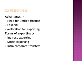 Modes of entering international business | PPTX