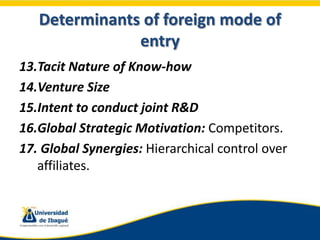Determinants of foreign mode of
               entry
13.Tacit Nature of Know-how
14.Venture Size
15.Intent to conduct join...