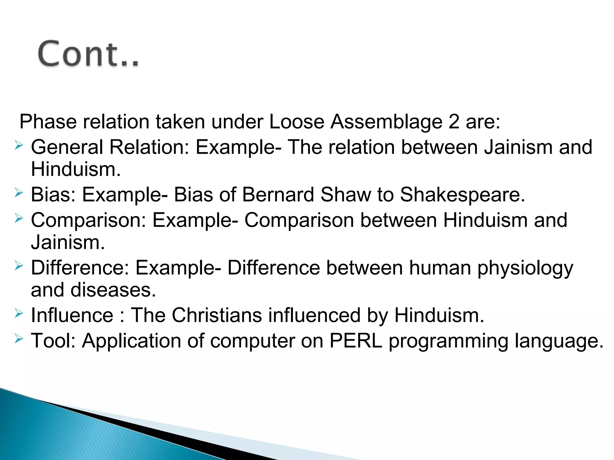 Phase relation taken under Loose Assemblage 2 are:
 General Relation: Example- The relation between Jainism and
Hinduism.
 Bias: Example- Bias of Bernard Shaw to Shakespeare.
 Comparison: Example- Comparison between Hinduism and
Jainism.
 Difference: Example- Difference between human physiology
and diseases.
 Influence : The Christians influenced by Hinduism.
 Tool: Application of computer on PERL programming language.
 