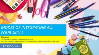 MODES OF INTEGRATING ALL
FOUR SKILLS
Objectives:
• to familiarize students with course content
• to raise students’ awareness of the importance of skills integration in teaching
Lesson 24
 
