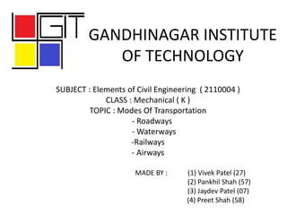 GANDHINAGAR INSTITUTE
OF TECHNOLOGY
SUBJECT : Elements of Civil Engineering ( 2110004 )
CLASS : Mechanical ( K )
TOPIC : Modes Of Transportation
- Roadways
- Waterways
-Railways
- Airways
MADE BY : (1) Vivek Patel (27)
(2) Pankhil Shah (57)
(3) Jaydev Patel (07)
(4) Preet Shah (58)
 