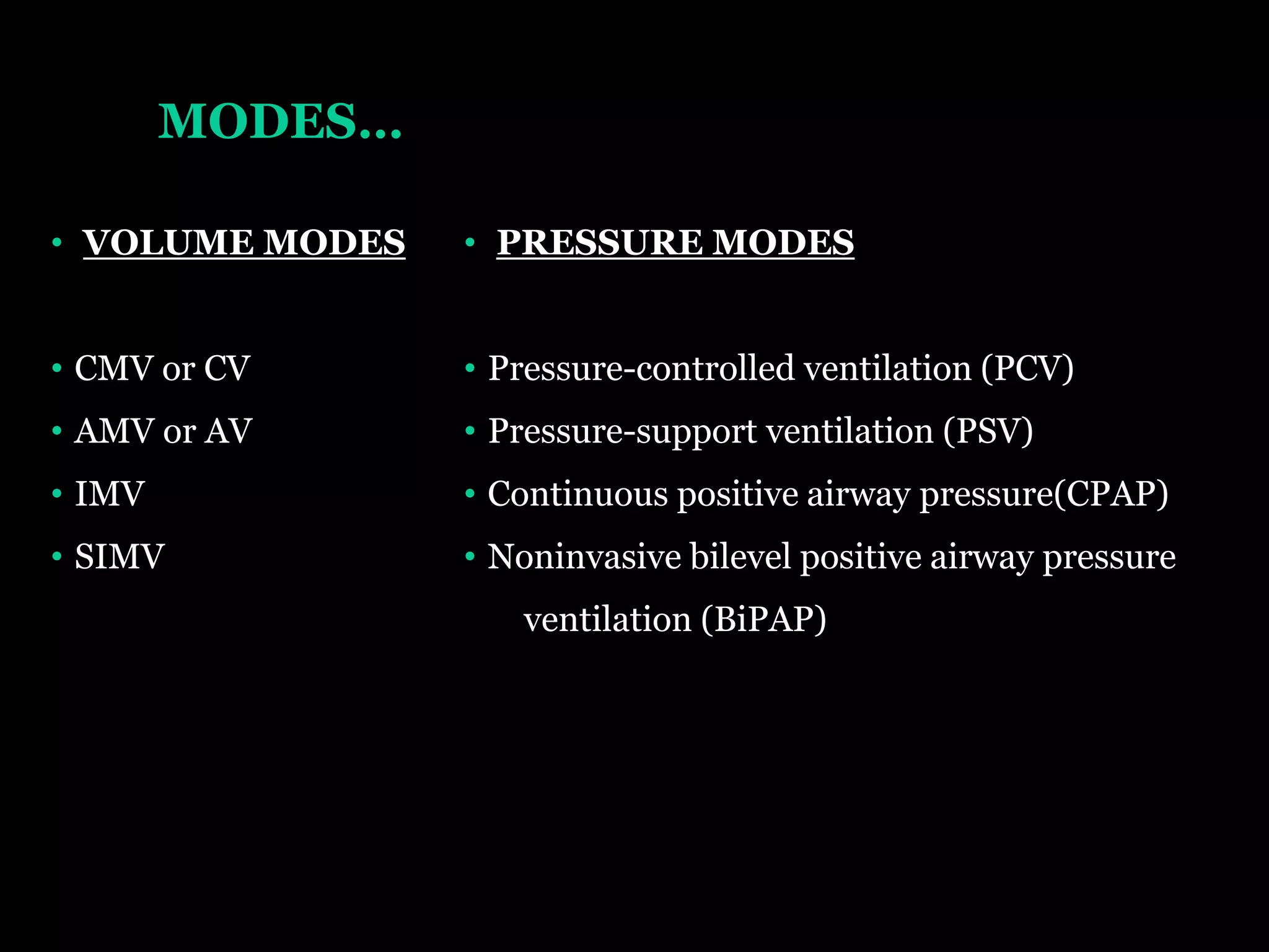 MODES…
• VOLUME MODES
• CMV or CV
• AMV or AV
• IMV
• SIMV
• PRESSURE MODES
• Pressure-controlled ventilation (PCV)
• Pressure-support ventilation (PSV)
• Continuous positive airway pressure(CPAP)
• Noninvasive bilevel positive airway pressure
ventilation (BiPAP)
 