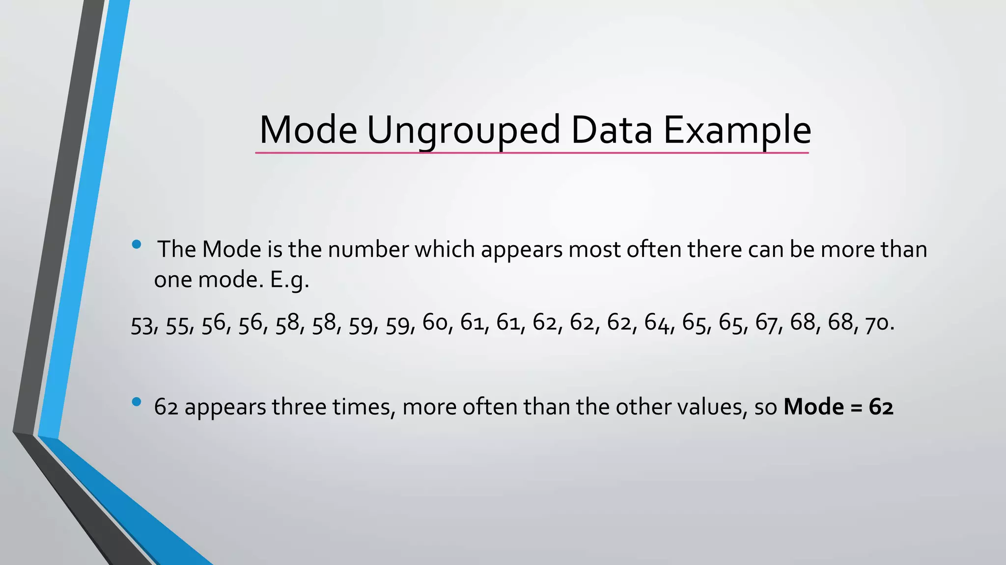 Mode Ungrouped Data Example
• The Mode is the number which appears most often there can be more than
one mode. E.g.
53, 55, 56, 56, 58, 58, 59, 59, 60, 61, 61, 62, 62, 62, 64, 65, 65, 67, 68, 68, 70.
• 62 appears three times, more often than the other values, so Mode = 62
 