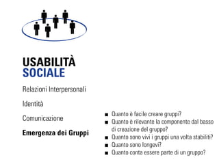 À
SOCIALE
Relazioni Interpersonali
Identità
                           Quanto è facile creare gruppi?
Comunicazione              Quanto è rilevante la componente dal basso
                           di creazione del gruppo?
Emergenza dei Gruppi
                           Quanto sono vivi i gruppi una volta stabiliti?
                           Quanto sono longevi?
                           Quanto conta essere parte di un gruppo?
 