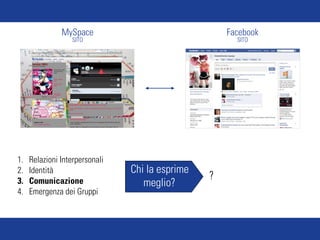 MySpace                               Facebook
                  SITO                                 SITO




1.   Relazioni Interpersonali
2.   Identità                   Chi la esprime
3.   Comunicazione
                                                 ?
                                   meglio?
4.   Emergenza dei Gruppi
 