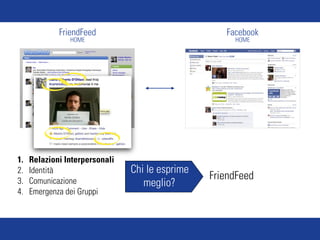 FriendFeed                             Facebook
                HOME                                  HOME




1.   Relazioni Interpersonali
2.   Identità                   Chi le esprime
3.   Comunicazione
                                                 FriendFeed
                                   meglio?
4.   Emergenza dei Gruppi
 