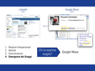 LinkedIn                            Google Wave
                  SITO                                 SITO




1.   Relazioni Interpersonali
2.   Identità                   Chi la esprime
3.   Comunicazione
                                                 Google Wave
                                   meglio?
4.   Emergenza dei Gruppi
 