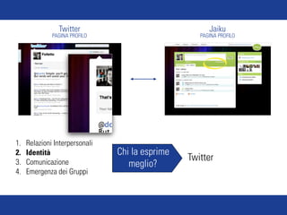 Twitter                                Jaiku
              PAGINA PROFILO                        PAGINA PROFILO




1.   Relazioni Interpersonali
2.   Identità                   Chi la esprime
3.   Comunicazione
                                                 Twitter
                                   meglio?
4.   Emergenza dei Gruppi
 