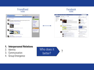 FriendFeed                          Facebook
                HOME                               HOME




1.   Interpersonal Relations
2.   Identity                  Who does it
3.   Communcation
                                             ?
                                better?
4.   Group Emergence
 
