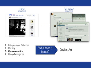 Flickr                         DeviantArt
               WHOLE SITE                        WHOLE SITE




1.   Interpersonal Relations
2.   Identity                  Who does it
3.   Communcation
                                             DeviantArt
                                better?
4.   Group Emergence
 